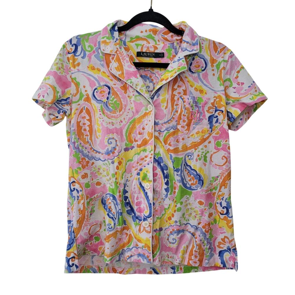 Lauren Ralph‎ Lauren Womens Size S Abstract Print Short Sleeve Pajama Top Cotton